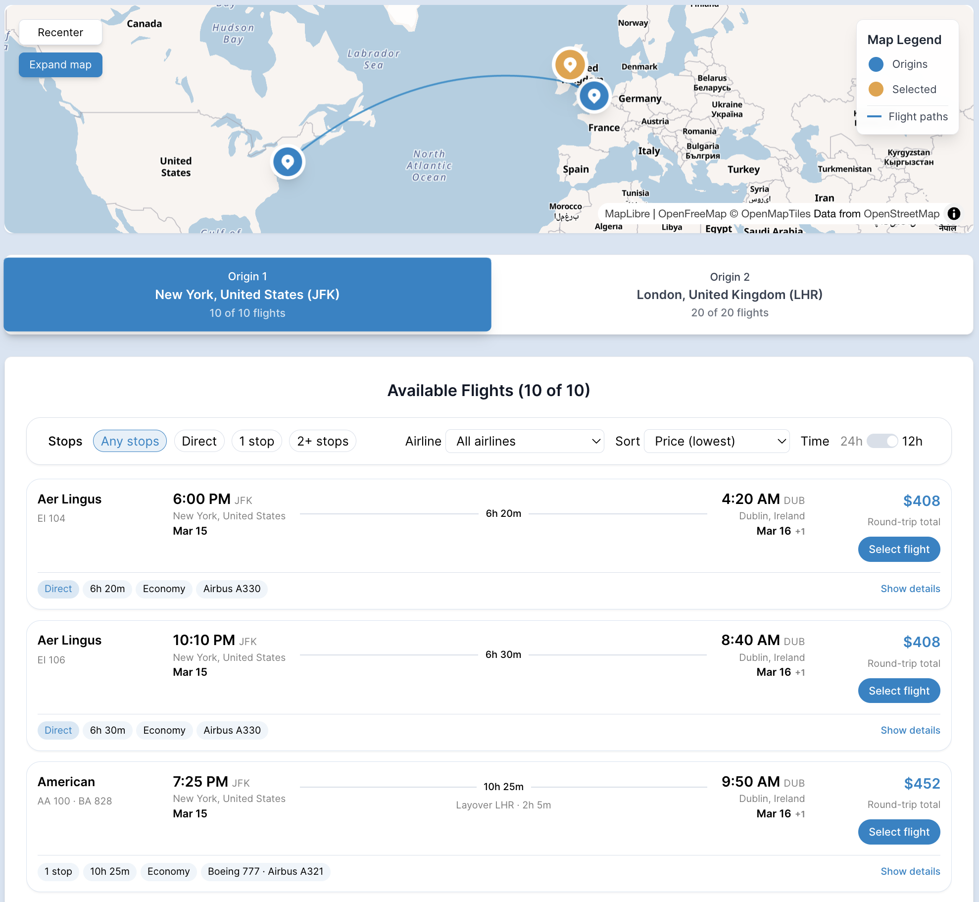Selecting departing flights